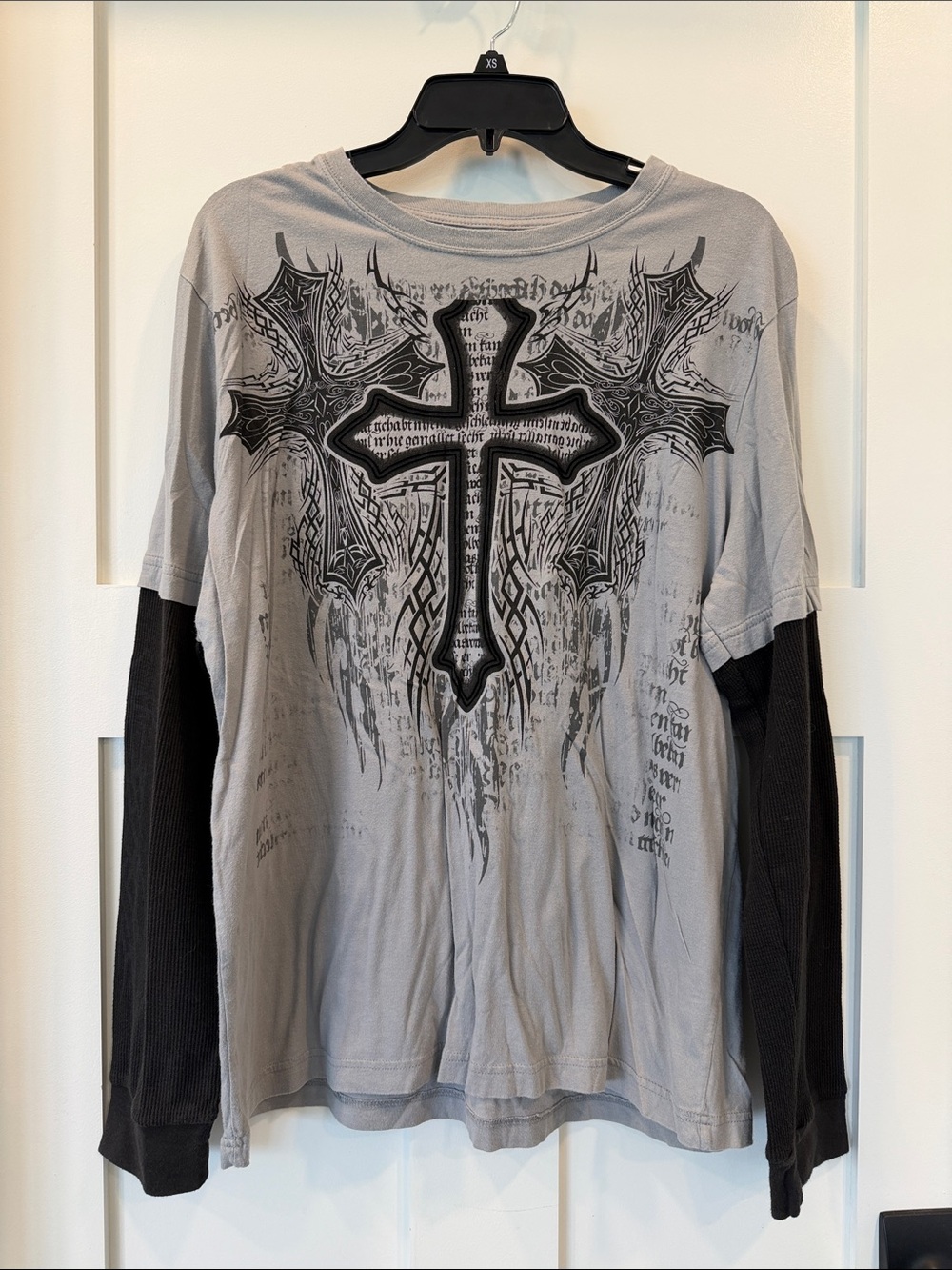 Helix Gray Layered-Look Long Sleeve Shirt with Black Cross Graphic